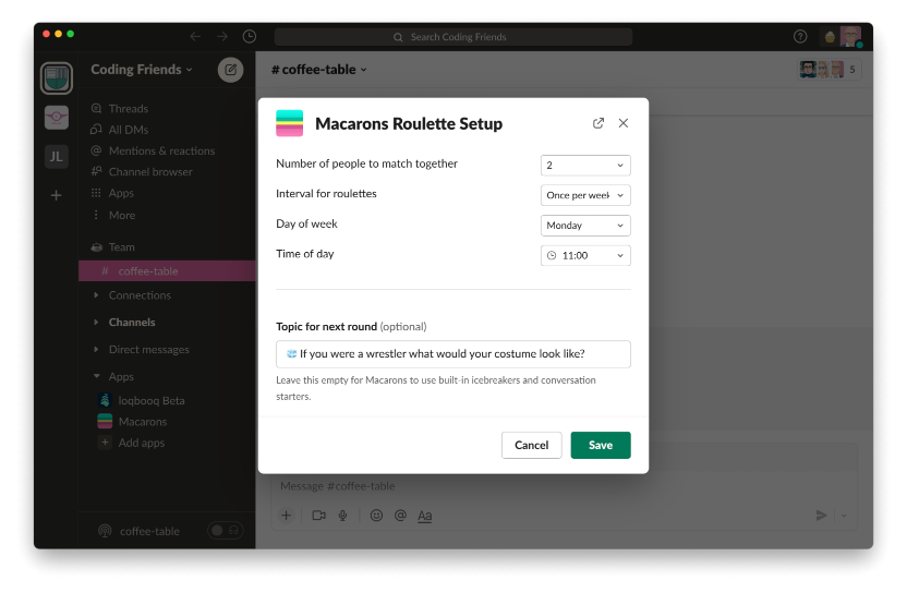 Screenshot of Macarons setup in Slack